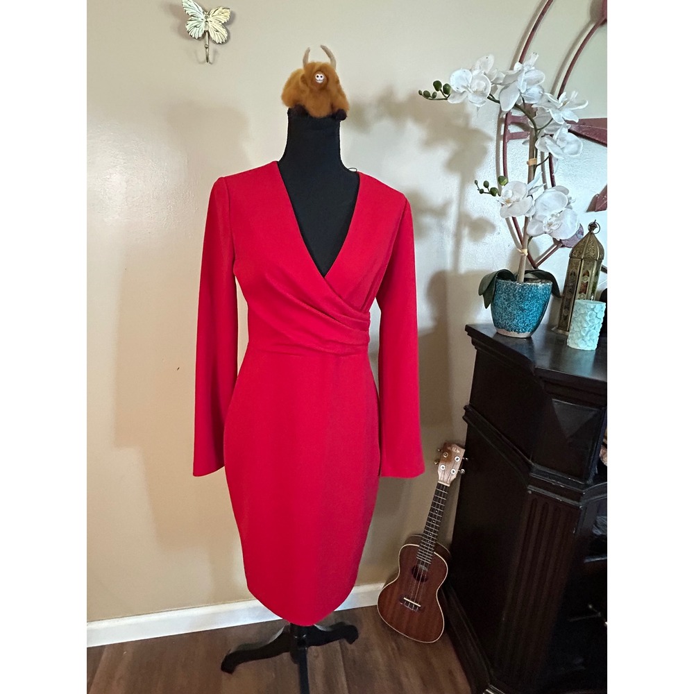 Donna Karan New York Red Surplice V-Neck Long Sleeve Sheath Dress Size 4 NWT